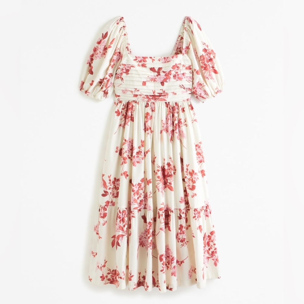 White and Pink Floral Puff Sleeve Midi Dress Abercrombie and Fitch